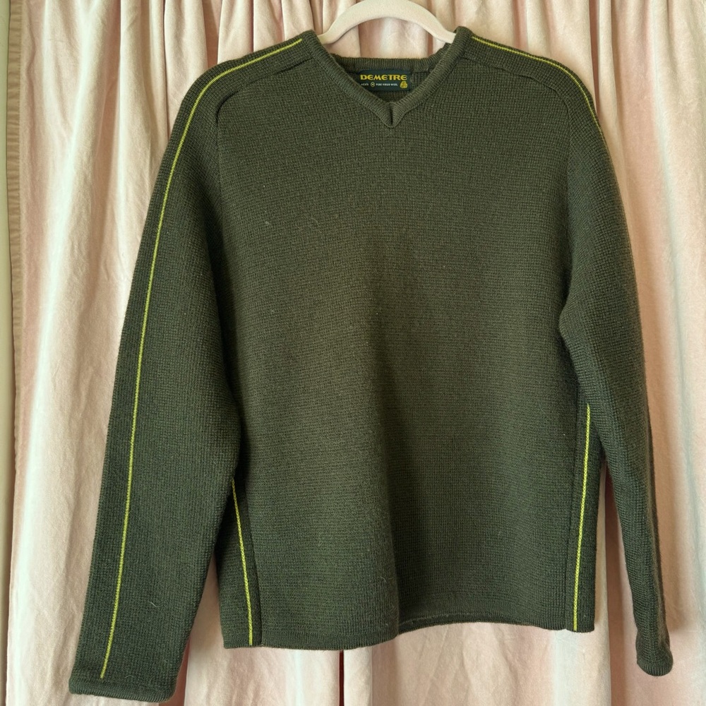 Vintage gender neutral sweater with very cool yellow striped arms. Pure wool